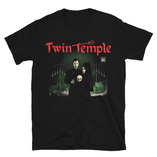 Black t-shirt with 'Twin Temple' graphic design featuring two people and a skull.