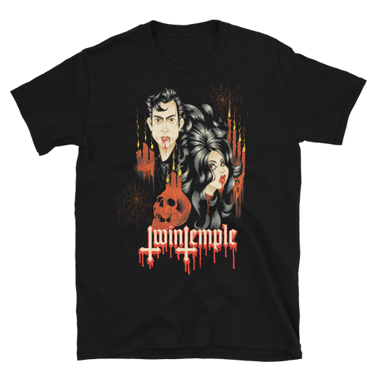 Black t-shirt with a graphic design of two people and a pumpkin skull with Twin Temple text  on a white background